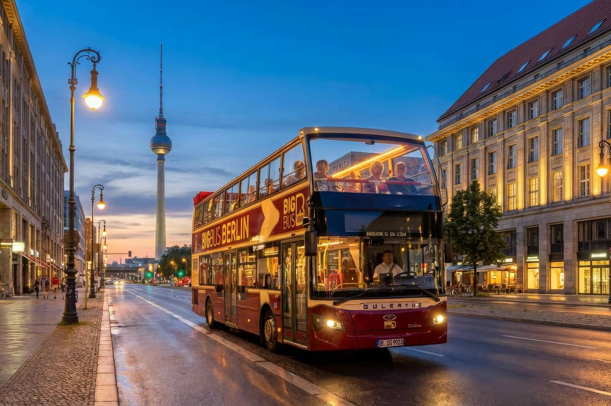 Un bus touristique rouge à deux étages portant l'inscription "Big Bus Berlin" dans une rue de la ville au coucher du soleil, avec une tour de télévision à l'arrière-plan.