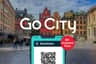 Colorful buildings in a plaza with "Go City" text and a digital Stockholm All-Inclusive Pass QR code in the foreground.